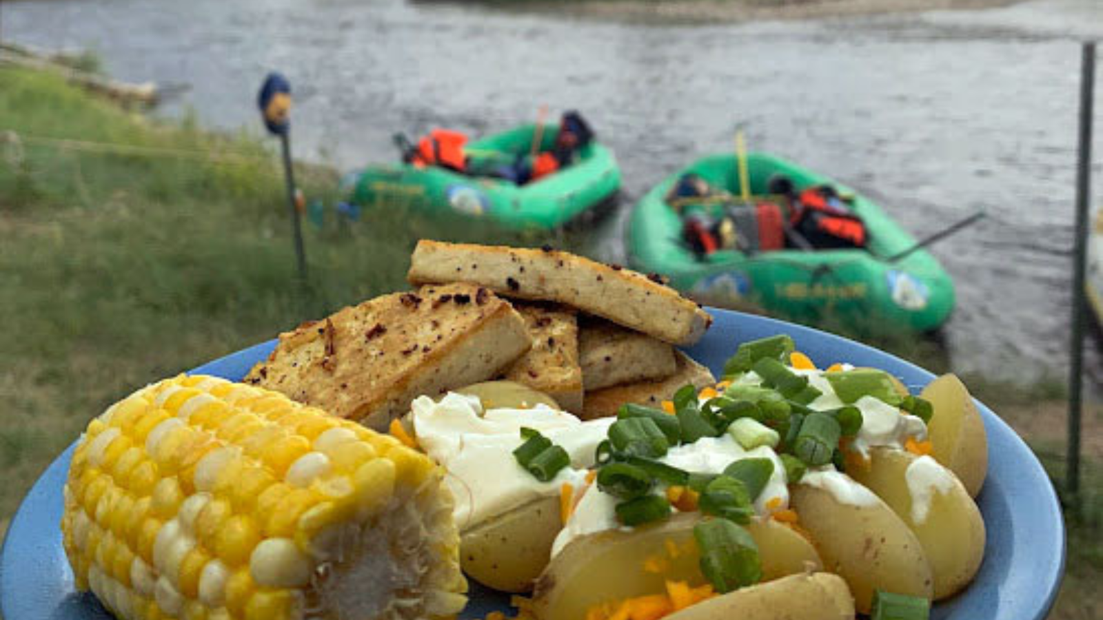 A large plate of baked potatoes on the river 