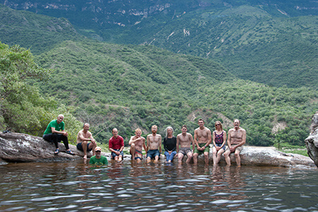 The group enjoys the pools