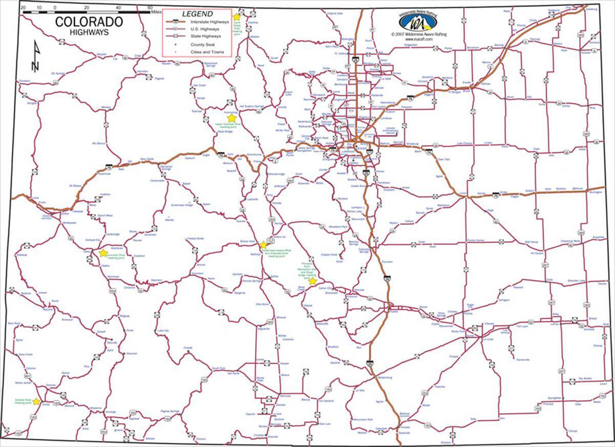 Colorado Rafting Colorado Highway, Road and City Map