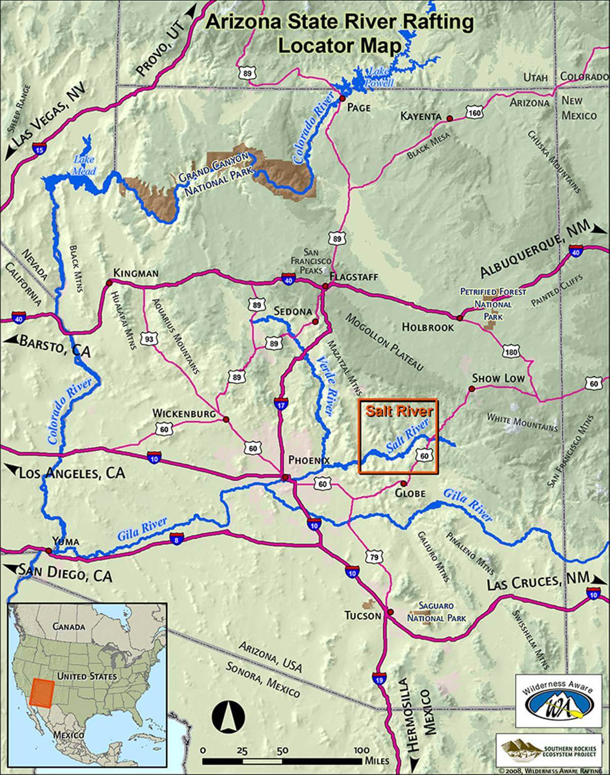 Arizona Sate River Rafting Locator Map