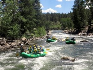 Three boats filled with guests enjoy an arkansas river rafting trip