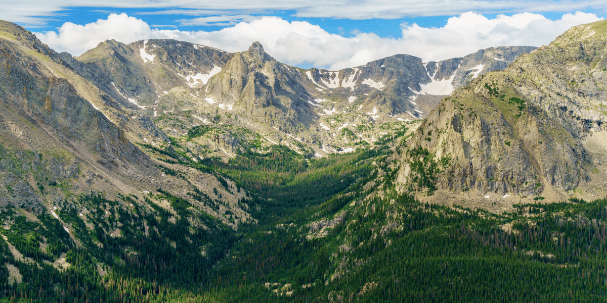 Aerial view of rocky mountain national park landscape. 