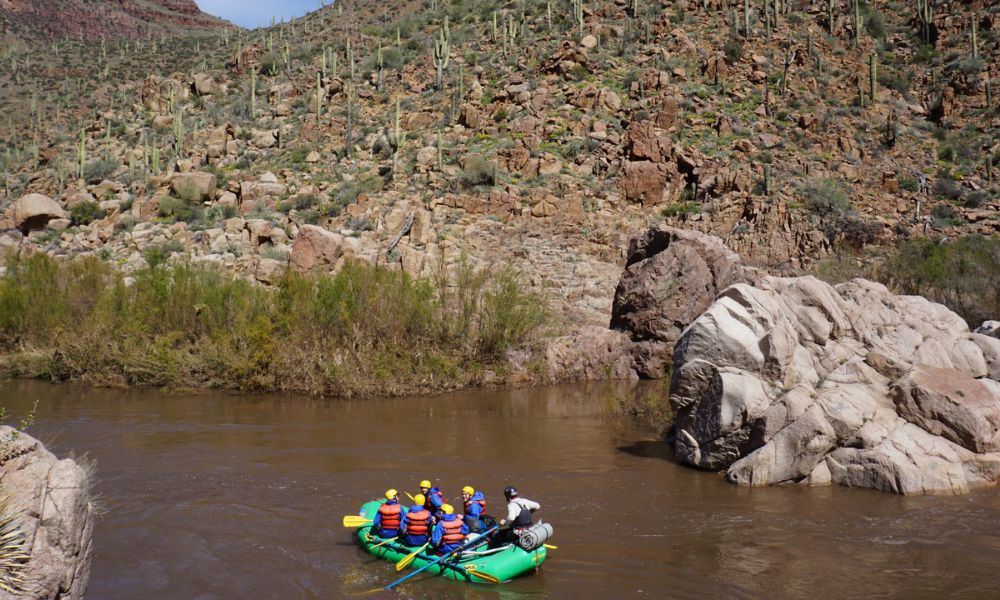 A green boat floats down the scenic salt river among cactus and desert scapes.